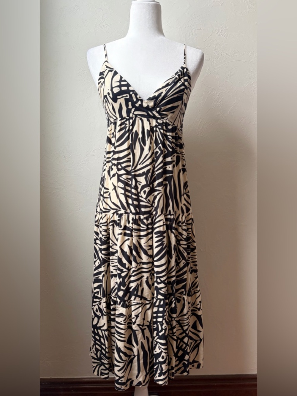 Patrons of Peace Black Cream Abstract Print Tiered Midi Sundress Boho XS